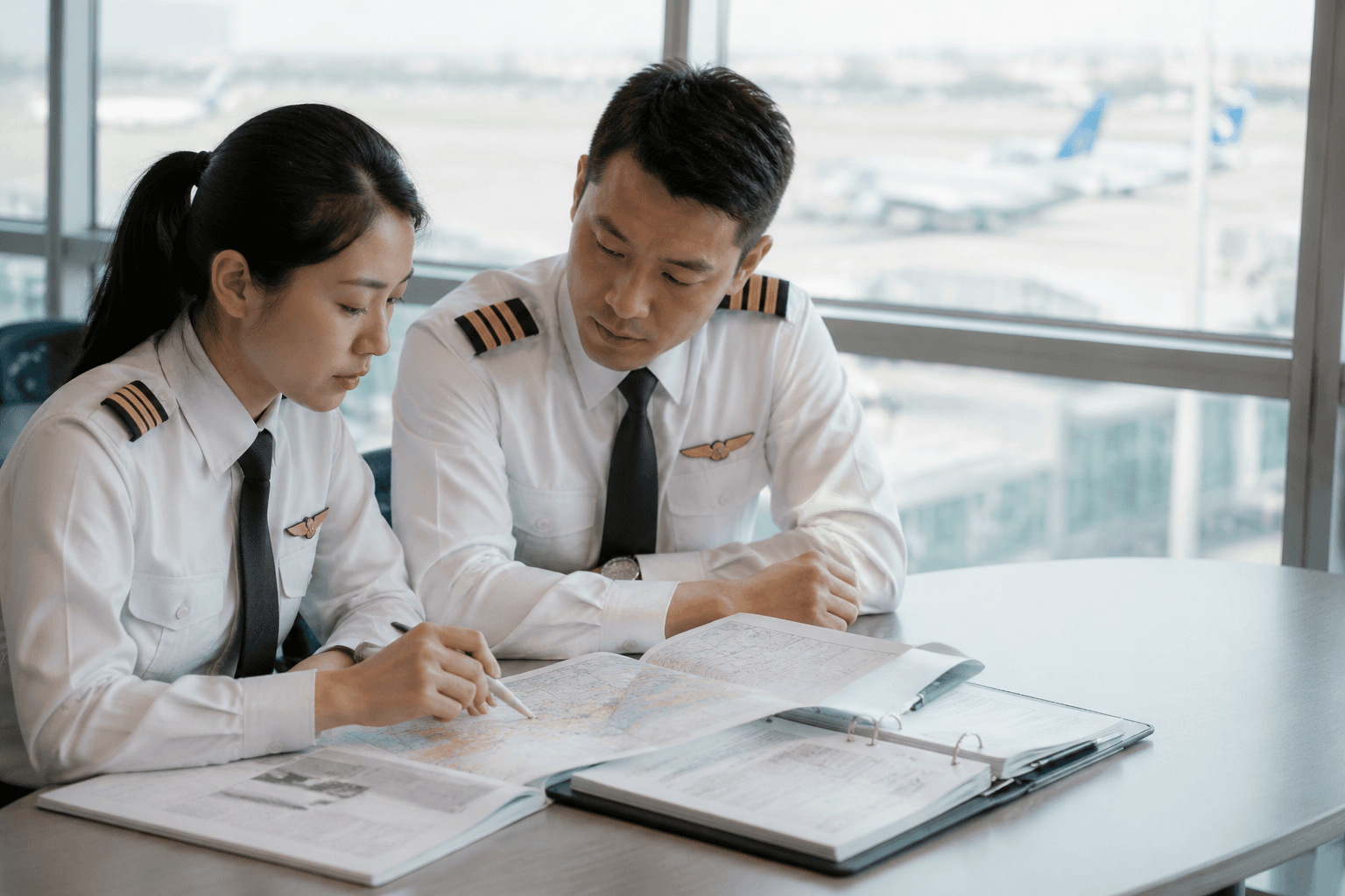 两名中国飞行员在航前准备室学习航图与训练资料